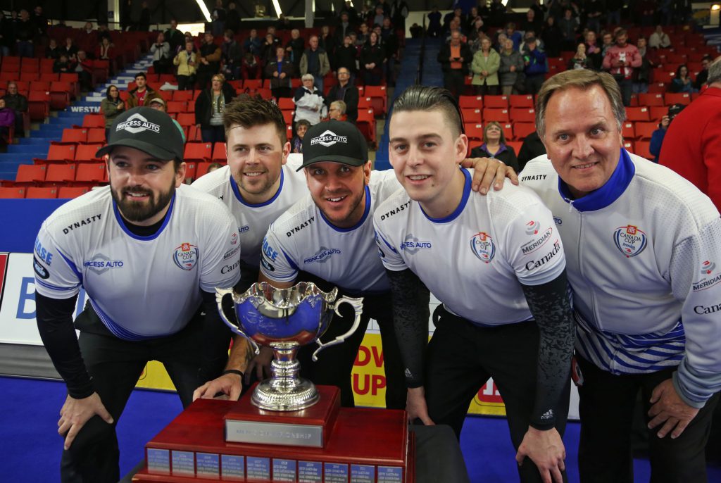 Reid Carruthers (left), Braeden Moskowy, Derek Samagalski, Colin Hodgson and Dan Carey pose with the trophy after winning the mens final in the Canada Cup of curling, Sunday evening at the Keystone Centre. (Colin Corneau/Brandon Sun)