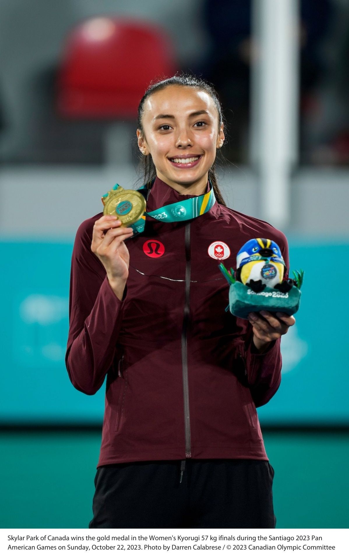 Skylar Park of Canada wins the gold medal in the Women’s Kyorugi 57 kg semifinals during the Santiago 2023 Pan American Games on Sunday, October 22, 2023. Photo by Darren Calabrese/COC – 1